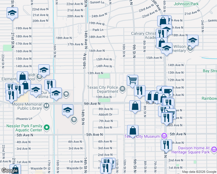 map of restaurants, bars, coffee shops, grocery stores, and more near 1103 11 1/2 Street in Texas City