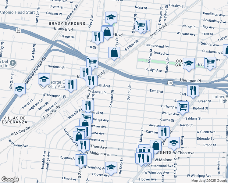 map of restaurants, bars, coffee shops, grocery stores, and more near 611 Barrett Place in San Antonio