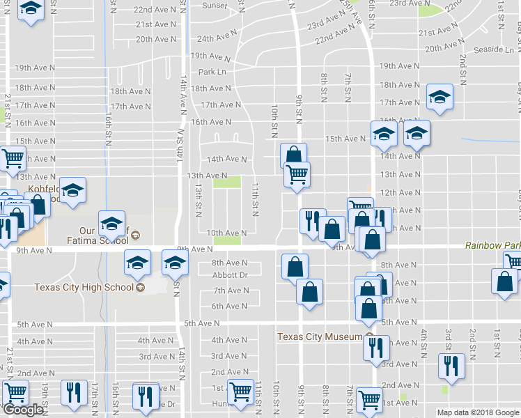 map of restaurants, bars, coffee shops, grocery stores, and more near 1100 11th Street North in Texas City