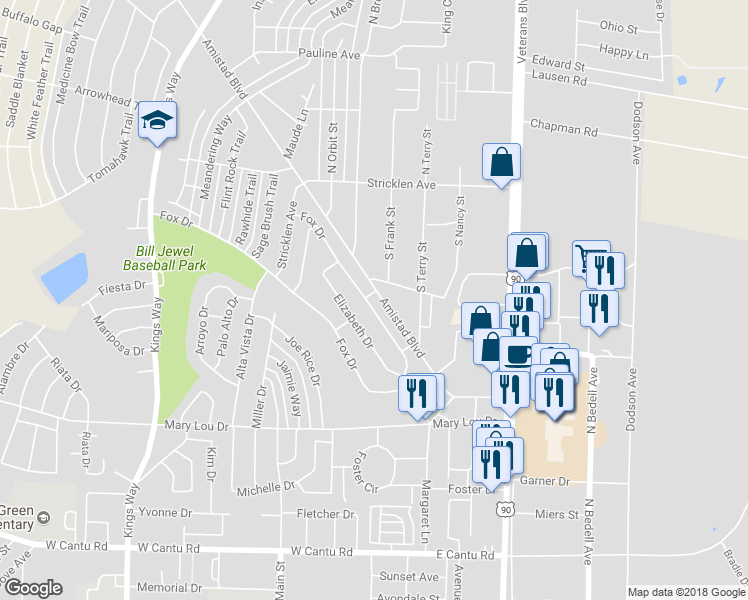 map of restaurants, bars, coffee shops, grocery stores, and more near 212 Fox Drive in Del Rio