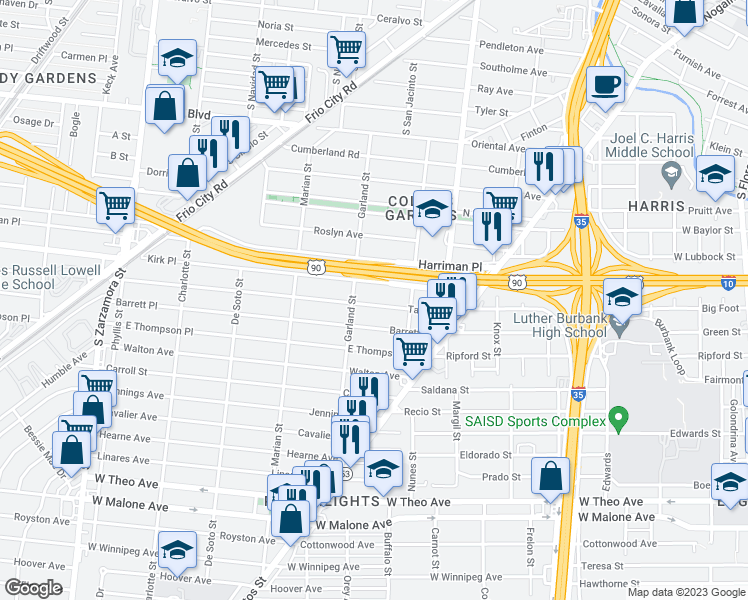 map of restaurants, bars, coffee shops, grocery stores, and more near 239 Taft Boulevard in San Antonio