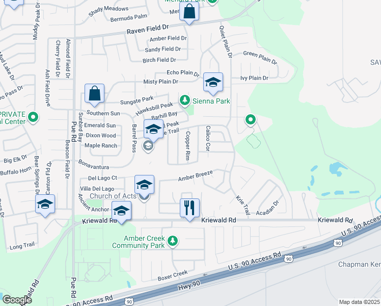 map of restaurants, bars, coffee shops, grocery stores, and more near 3503 Krie Highlands in San Antonio