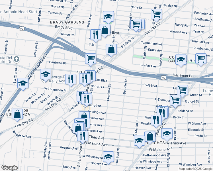 map of restaurants, bars, coffee shops, grocery stores, and more near 611 Barrett Place in San Antonio