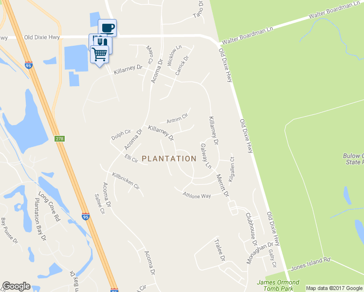 map of restaurants, bars, coffee shops, grocery stores, and more near 3643 Mallow Drive in Ormond Beach