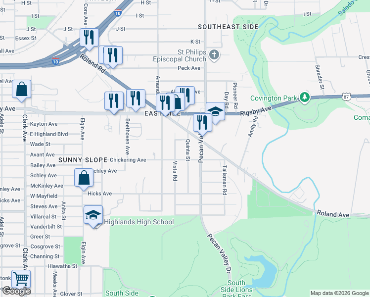 map of restaurants, bars, coffee shops, grocery stores, and more near 121 Quinta Street in San Antonio