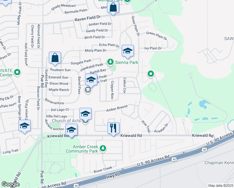 map of restaurants, bars, coffee shops, grocery stores, and more near 3503 Krie Highlands in San Antonio