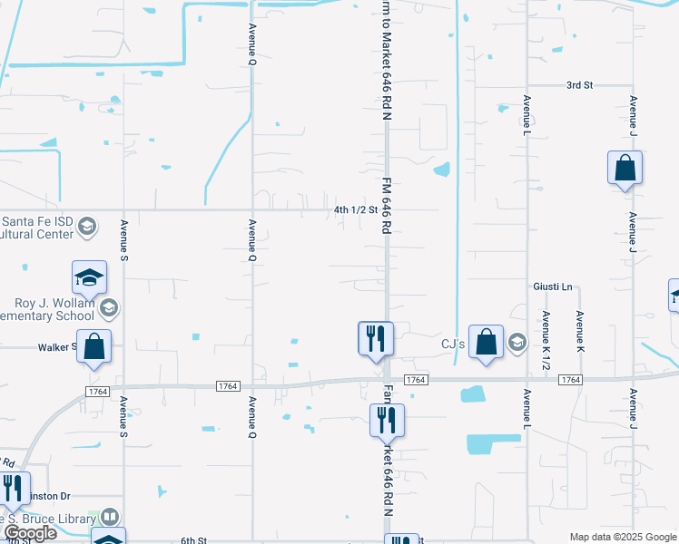 map of restaurants, bars, coffee shops, grocery stores, and more near 3222 Farm to Market Road 646 in Santa Fe