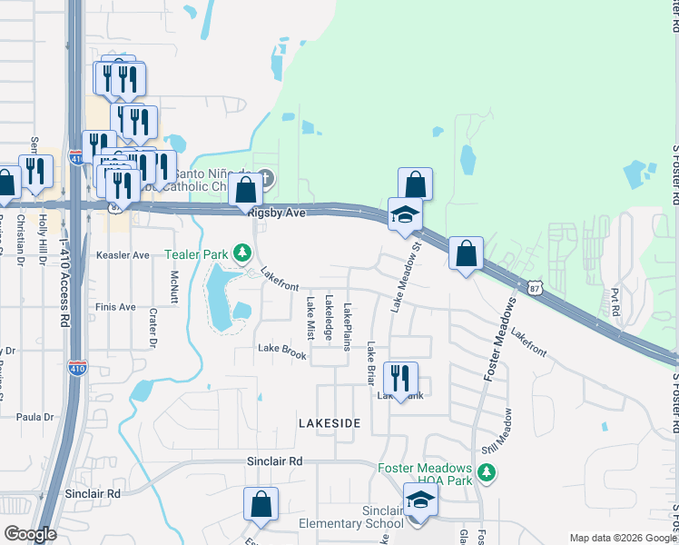 map of restaurants, bars, coffee shops, grocery stores, and more near 2718 Lake Haven in San Antonio