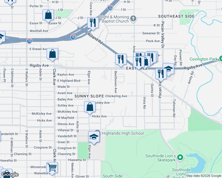 map of restaurants, bars, coffee shops, grocery stores, and more near 231 Chickering Avenue in San Antonio