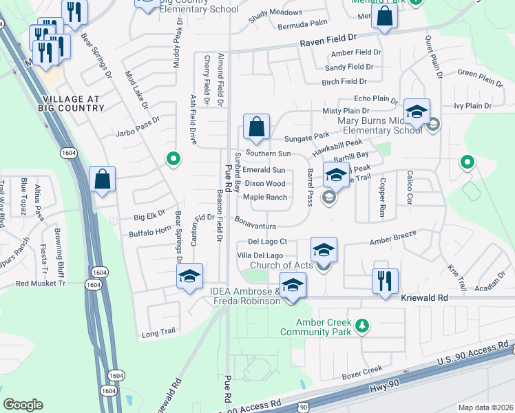 map of restaurants, bars, coffee shops, grocery stores, and more near 10227 Fossil Valley in San Antonio
