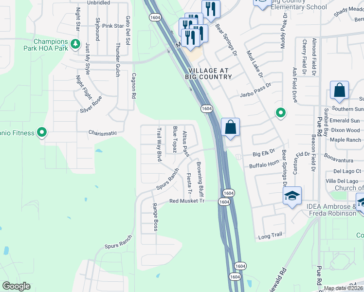 map of restaurants, bars, coffee shops, grocery stores, and more near 3451 Altius Pass in San Antonio
