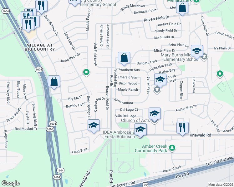 map of restaurants, bars, coffee shops, grocery stores, and more near 10227 Fossil Valley in San Antonio