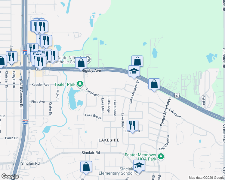 map of restaurants, bars, coffee shops, grocery stores, and more near 2718 Lake Haven in San Antonio