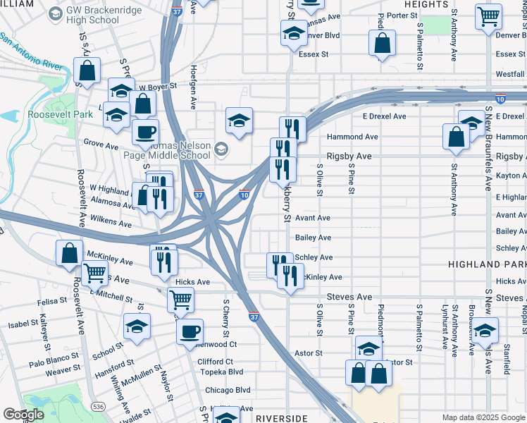 map of restaurants, bars, coffee shops, grocery stores, and more near 419 Buckingham Avenue in San Antonio