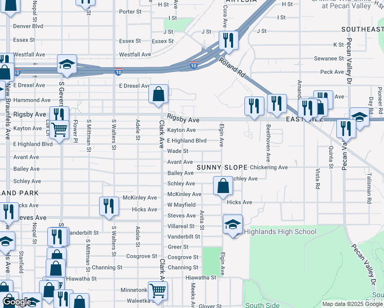 map of restaurants, bars, coffee shops, grocery stores, and more near 2718 Wade Street in San Antonio