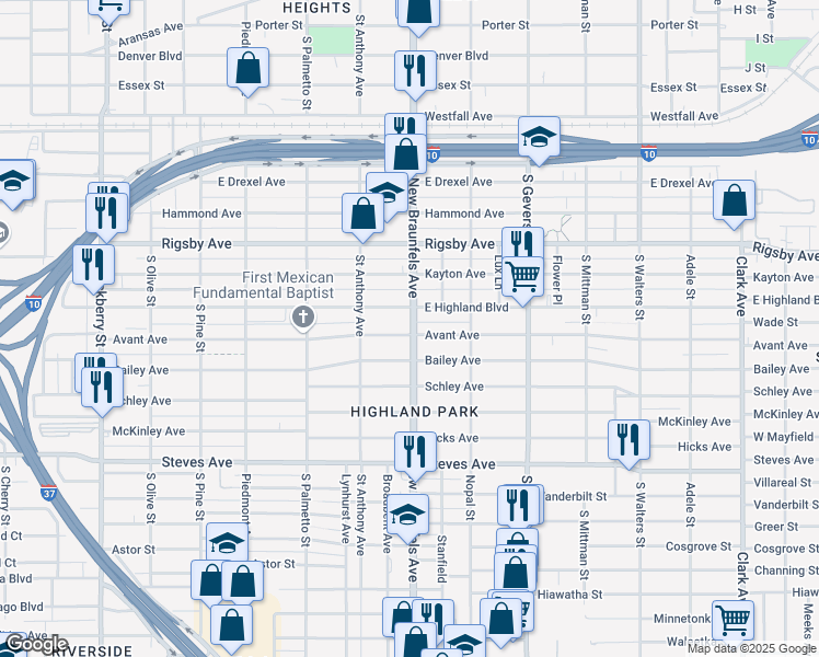 map of restaurants, bars, coffee shops, grocery stores, and more near 647 Avant Avenue in San Antonio