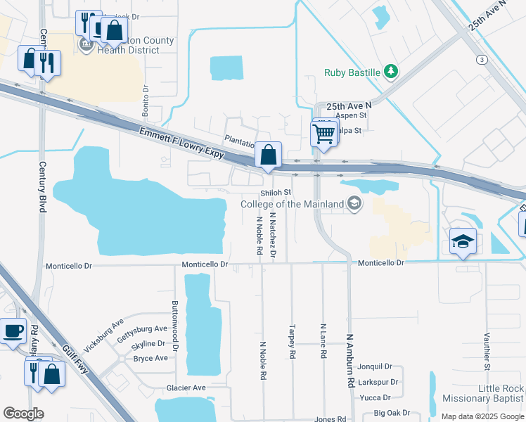 map of restaurants, bars, coffee shops, grocery stores, and more near 1314 North Noble Road in Texas City