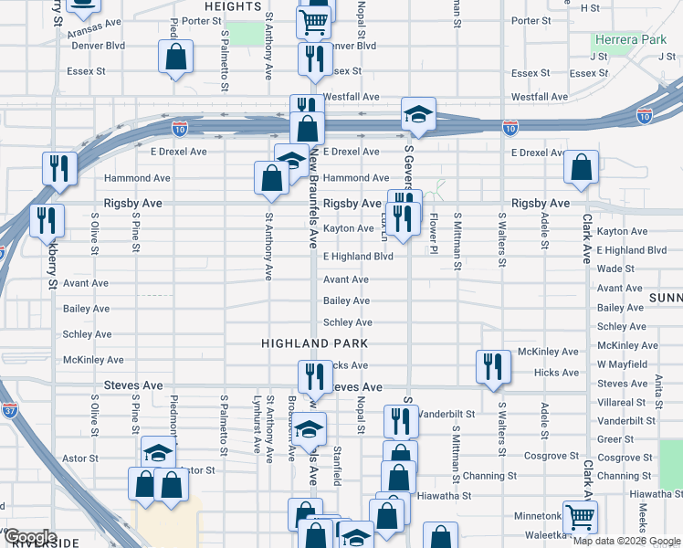 map of restaurants, bars, coffee shops, grocery stores, and more near 731 Avant Avenue in San Antonio