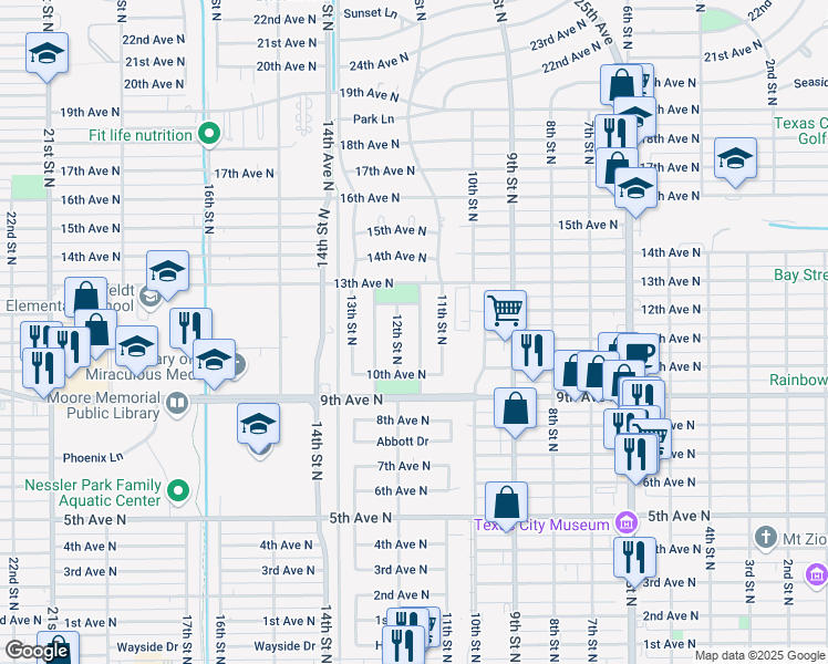 map of restaurants, bars, coffee shops, grocery stores, and more near 1103 11 1/2 Street in Texas City