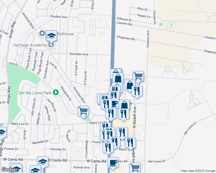 map of restaurants, bars, coffee shops, grocery stores, and more near 2450 Veterans Boulevard in Del Rio