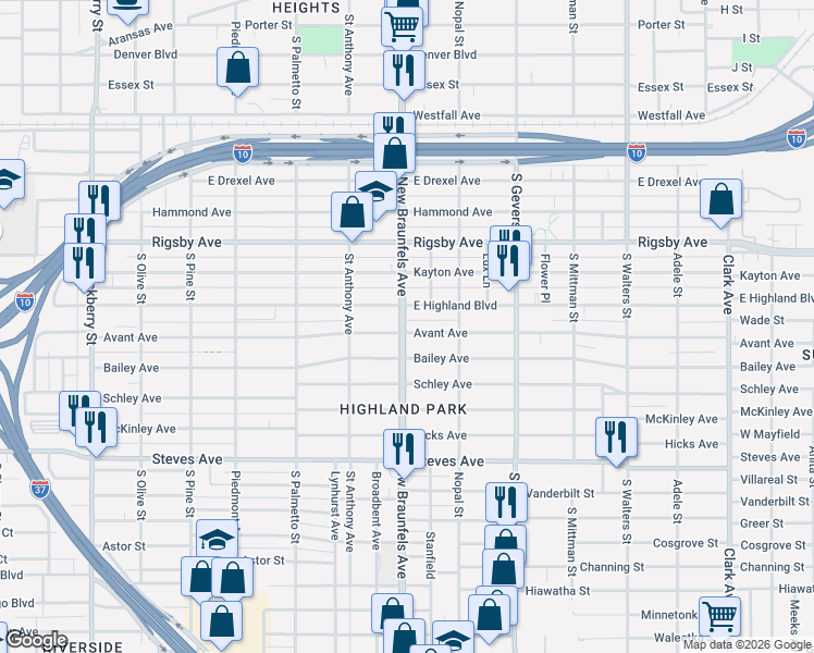map of restaurants, bars, coffee shops, grocery stores, and more near 647 Avant Avenue in San Antonio