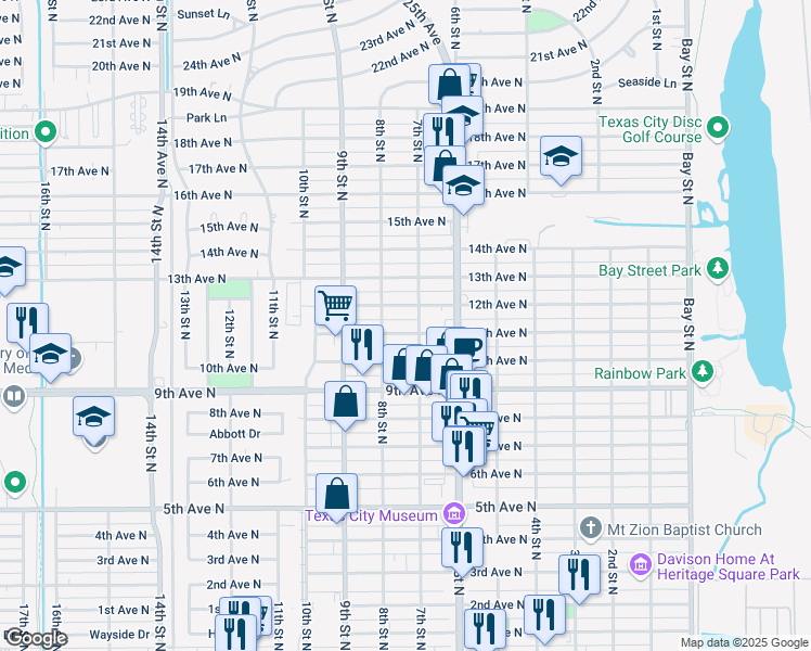 map of restaurants, bars, coffee shops, grocery stores, and more near 716 11th Avenue North in Texas City