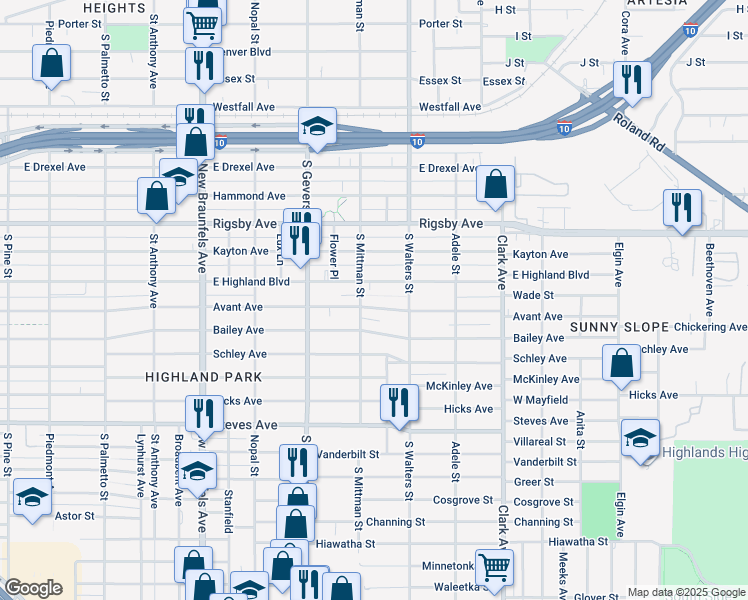 map of restaurants, bars, coffee shops, grocery stores, and more near 1011 Avant Avenue in San Antonio