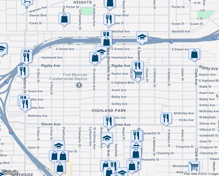 map of restaurants, bars, coffee shops, grocery stores, and more near 647 Avant Avenue in San Antonio