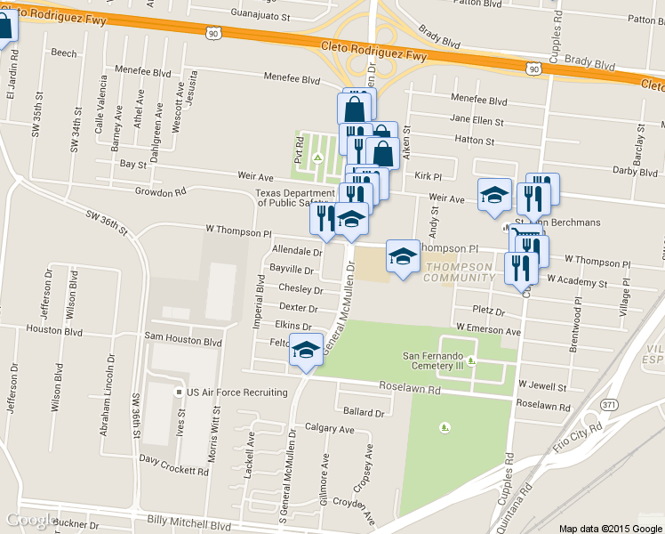 map of restaurants, bars, coffee shops, grocery stores, and more near 1919 Jamar Boulevard in San Antonio