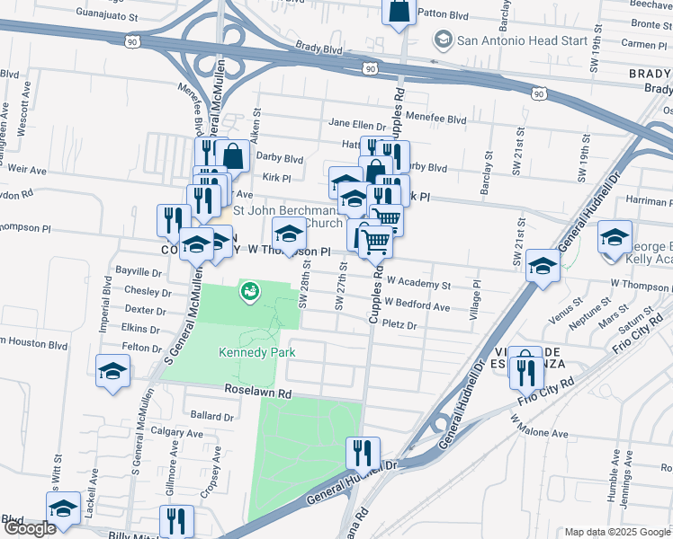 map of restaurants, bars, coffee shops, grocery stores, and more near 507 West Academy Street in San Antonio