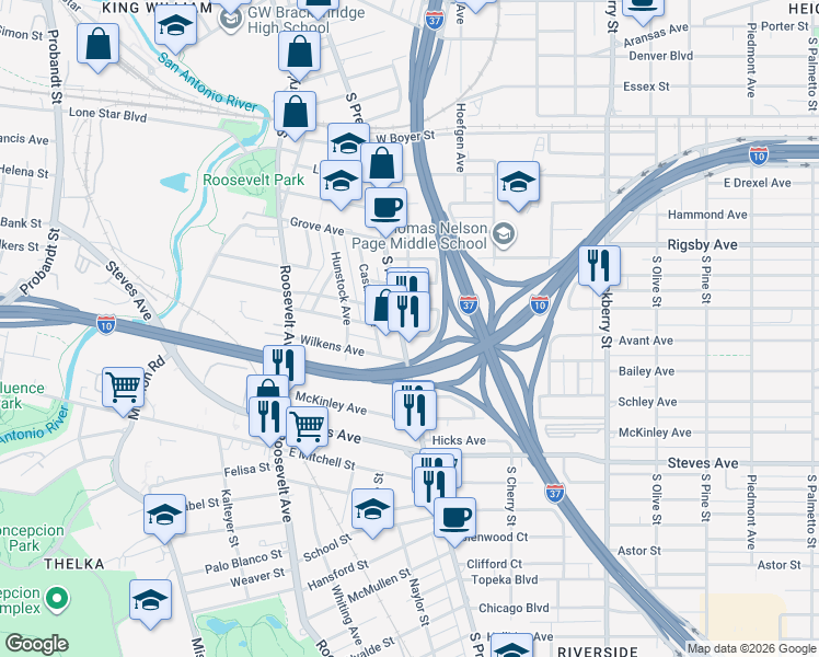 map of restaurants, bars, coffee shops, grocery stores, and more near 2620 South Presa Street in San Antonio