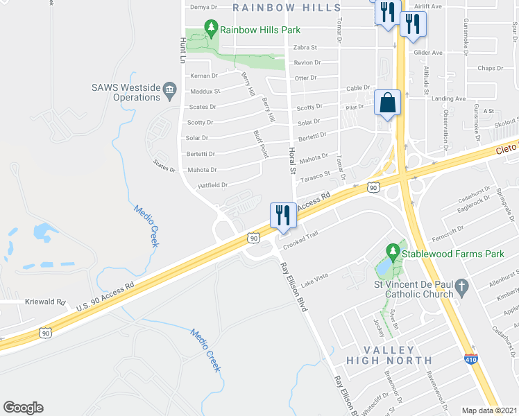 map of restaurants, bars, coffee shops, grocery stores, and more near 8711 West U.S. Highway 90 in San Antonio