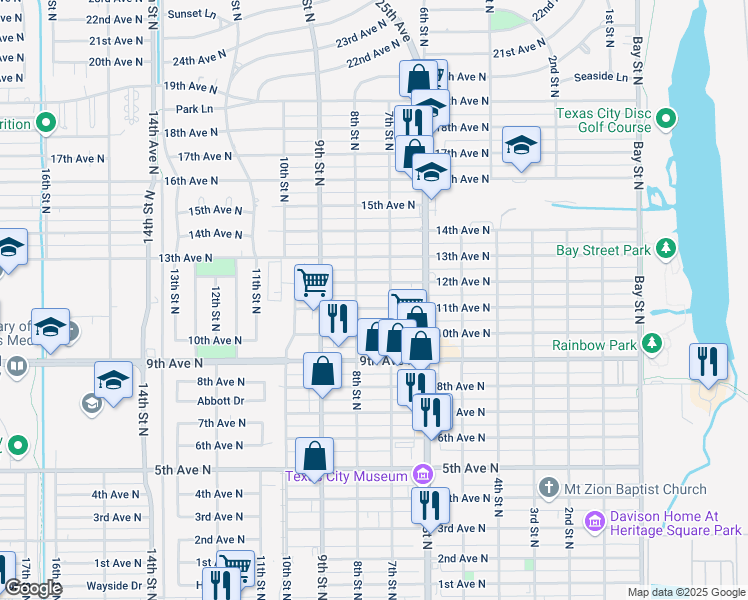 map of restaurants, bars, coffee shops, grocery stores, and more near 716 11th Avenue North in Texas City