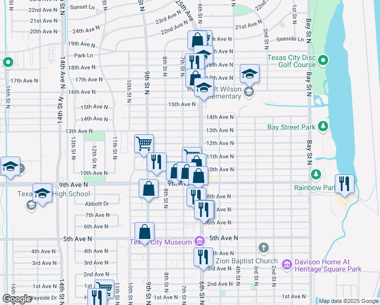 map of restaurants, bars, coffee shops, grocery stores, and more near 612 11th Avenue North in Texas City
