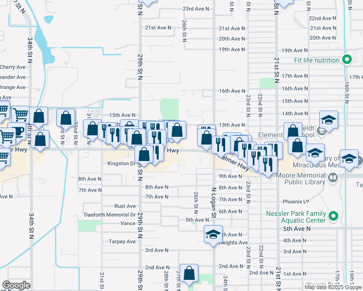 map of restaurants, bars, coffee shops, grocery stores, and more near 2622 Palmer Highway in Texas City