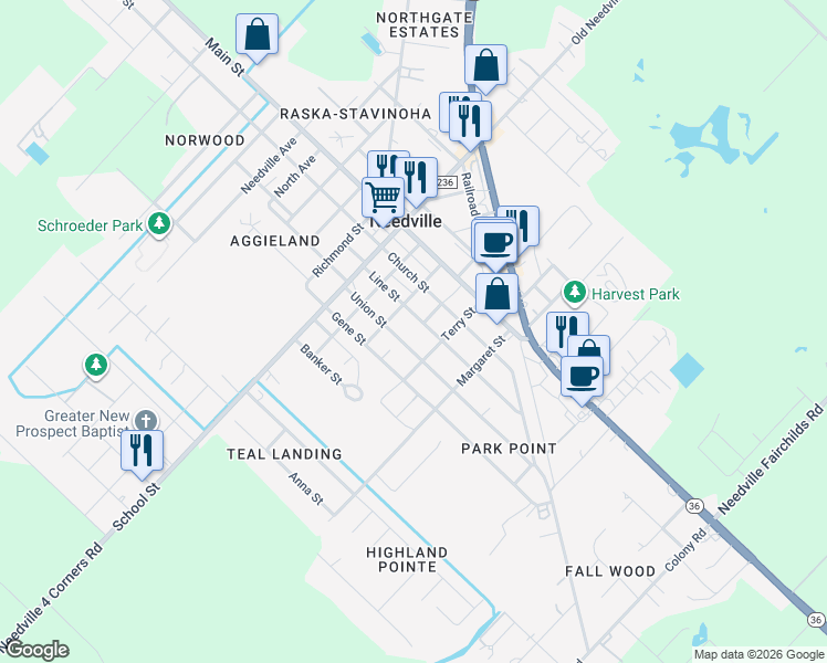 map of restaurants, bars, coffee shops, grocery stores, and more near 9209 Union Street in Needville