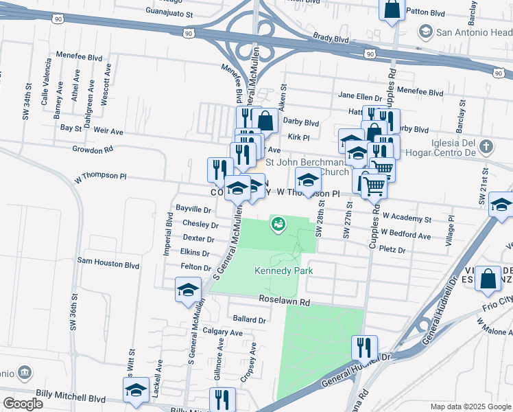map of restaurants, bars, coffee shops, grocery stores, and more near 1922 South General McMullen Drive in San Antonio