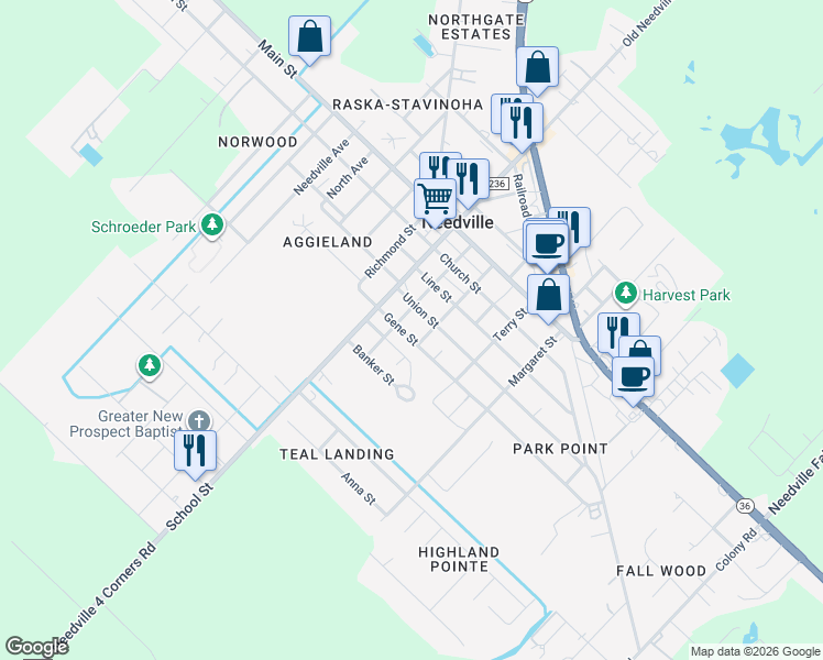 map of restaurants, bars, coffee shops, grocery stores, and more near 3414 Austin Street in Needville