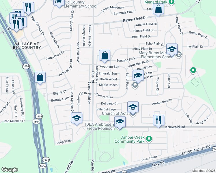 map of restaurants, bars, coffee shops, grocery stores, and more near 10119 Fossil Valley in San Antonio