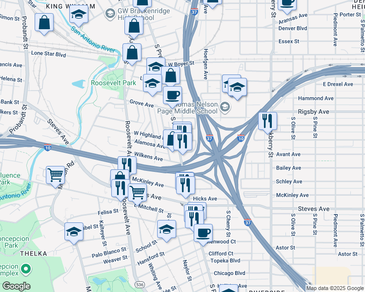 map of restaurants, bars, coffee shops, grocery stores, and more near in San Antonio