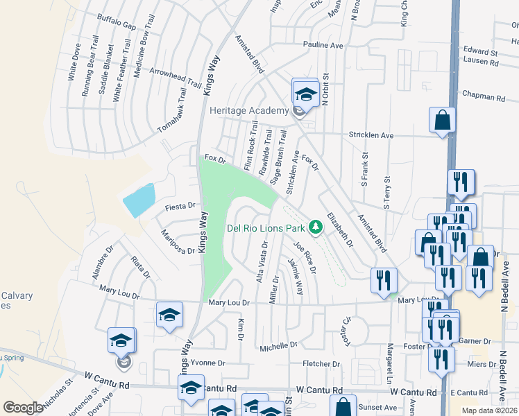 map of restaurants, bars, coffee shops, grocery stores, and more near 102-200 Arroyo Drive in Del Rio