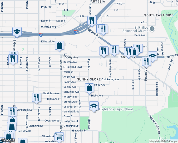 map of restaurants, bars, coffee shops, grocery stores, and more near 166 Elgin Avenue in San Antonio