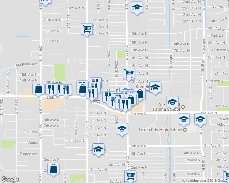 map of restaurants, bars, coffee shops, grocery stores, and more near 2205 12th Avenue North in Texas City