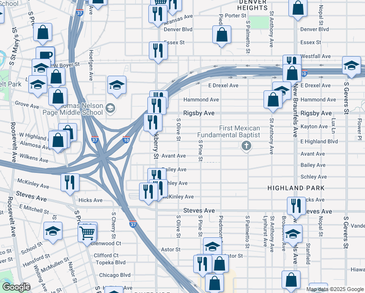 map of restaurants, bars, coffee shops, grocery stores, and more near 213 Avant Avenue in San Antonio