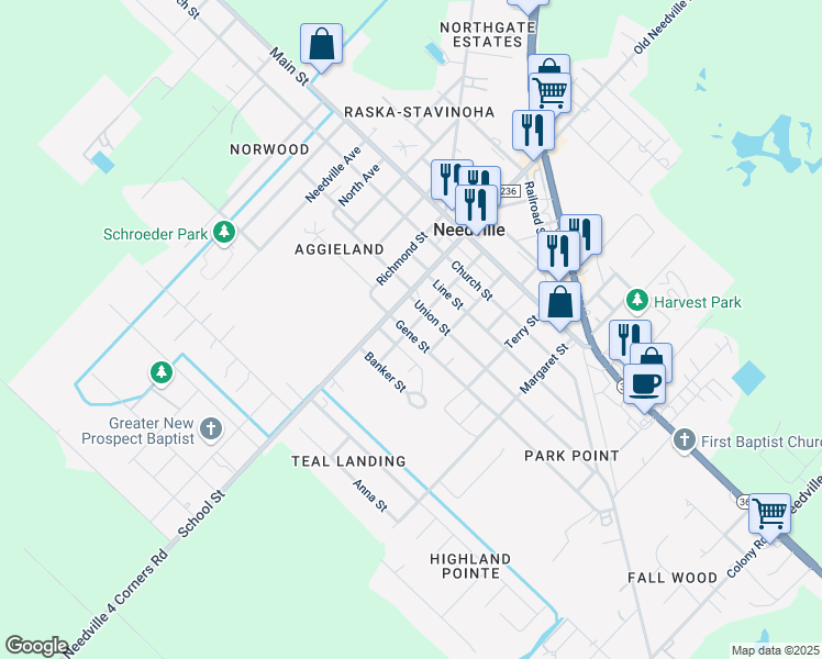 map of restaurants, bars, coffee shops, grocery stores, and more near 9103 Gene Street in Needville