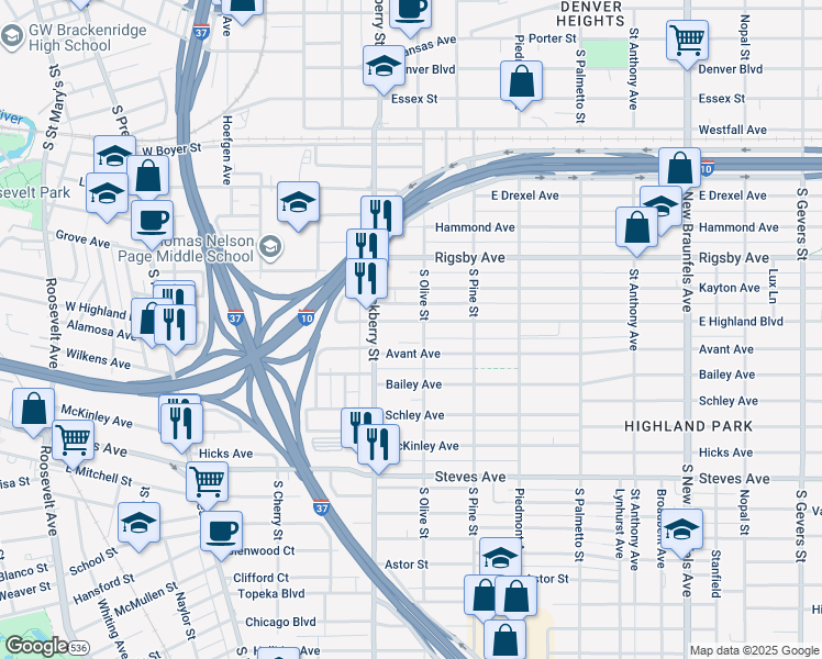 map of restaurants, bars, coffee shops, grocery stores, and more near 534 East Highland Boulevard in San Antonio