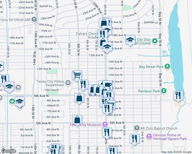 map of restaurants, bars, coffee shops, grocery stores, and more near 716 11th Avenue North in Texas City