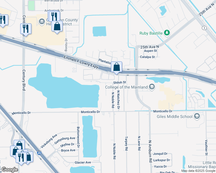 map of restaurants, bars, coffee shops, grocery stores, and more near 1313 North Noble Road in Texas City