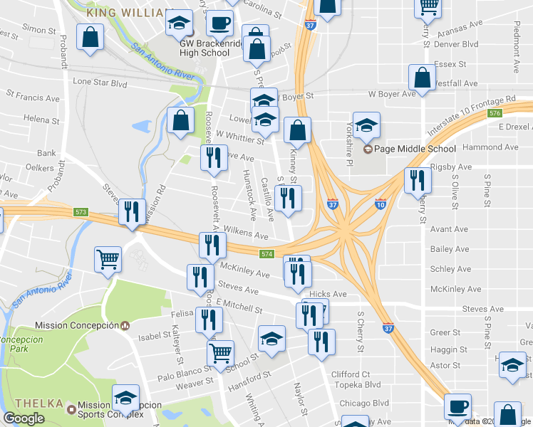 map of restaurants, bars, coffee shops, grocery stores, and more near 106 Alamosa Avenue in San Antonio