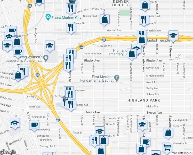 map of restaurants, bars, coffee shops, grocery stores, and more near 710 East Highland Boulevard in San Antonio